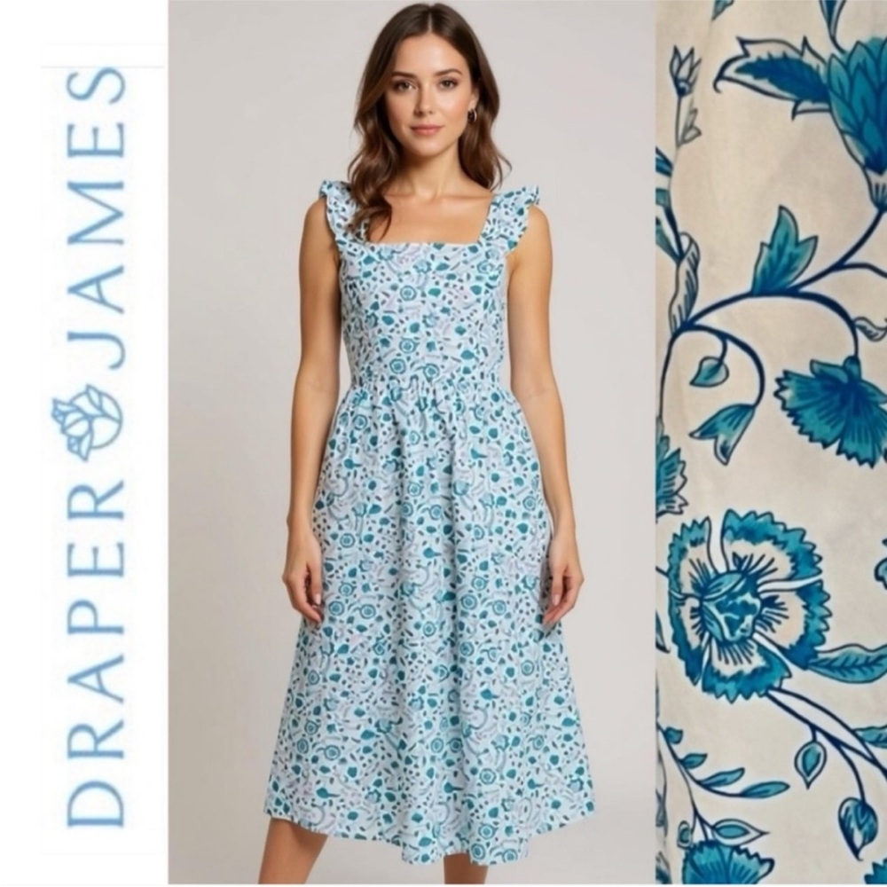 Draper James Blue Floral Print Flutter Sleeve Smocked Midi Sundress Like New